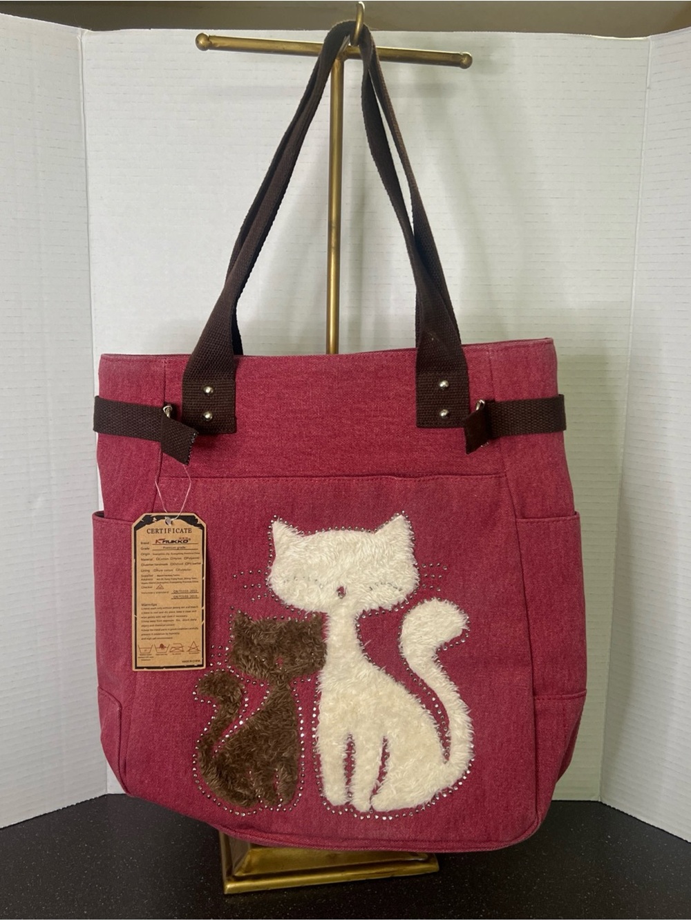 NWT KAUKKO Canvas Cat Tote Bag Women Shoulder Purse Handbag Cute Faux Fur Pink